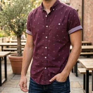 Denim & Flower Ricky Singh Mens M Slim Fit Maroon Anchor Print Short Sleeve Shir
